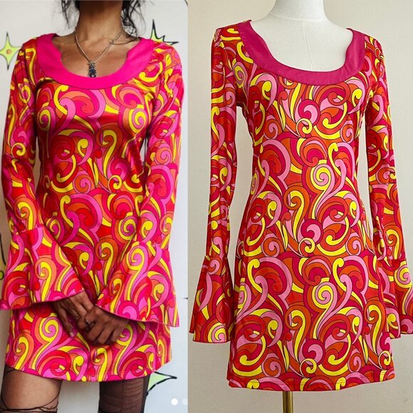 Dreamgirl Mod GoGo Psychedelic Pink Paisley Mini Dress Bell Sleeves - Picture 1 of 16